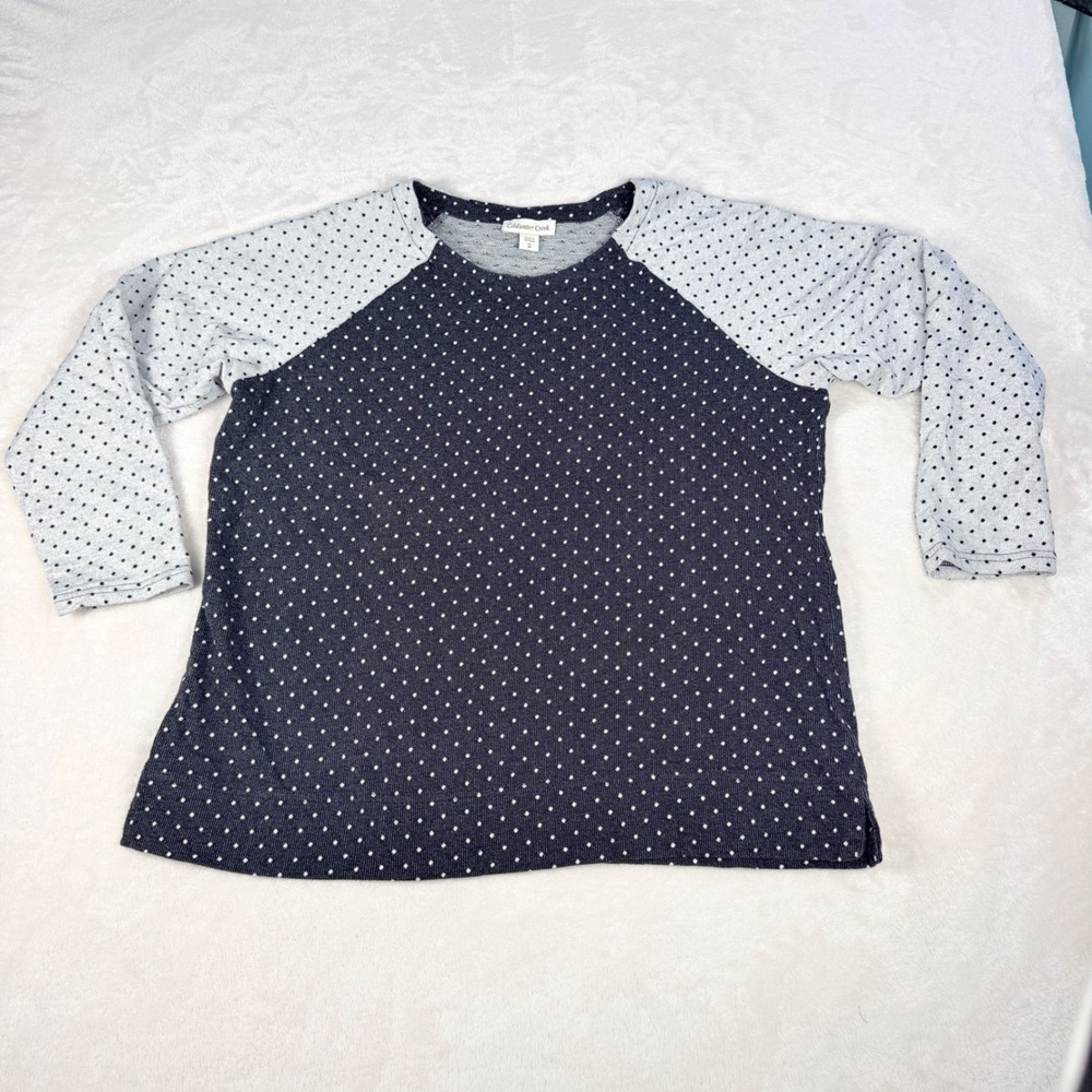 Coldwater Creek Polka Dot Raglan Top Womens 1X 18 Navy Gray Cotton Long Sleeve